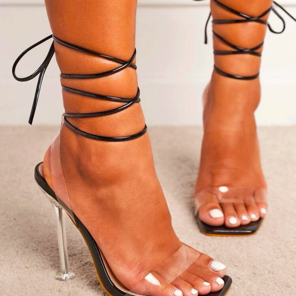 Clear strap stiletto sandal heels